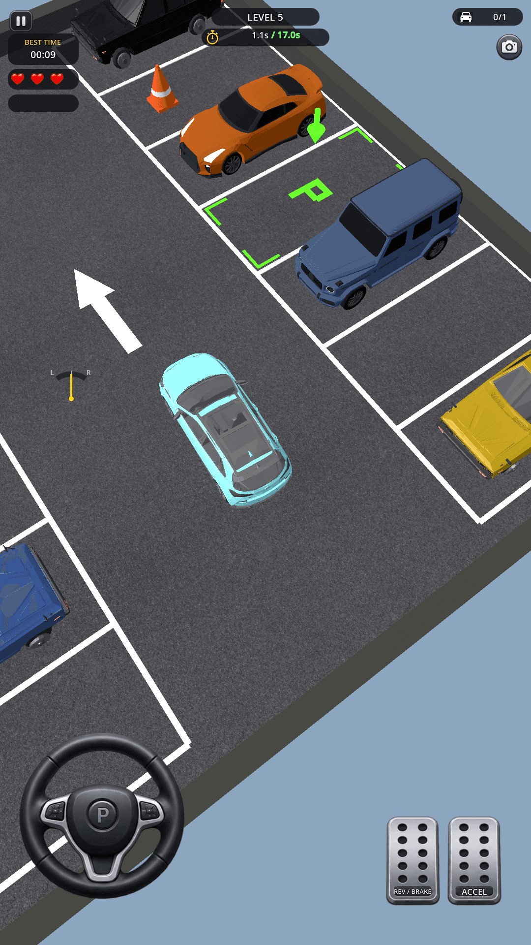 Simple Park 3D gameplay: a car approaching a glowing parking space