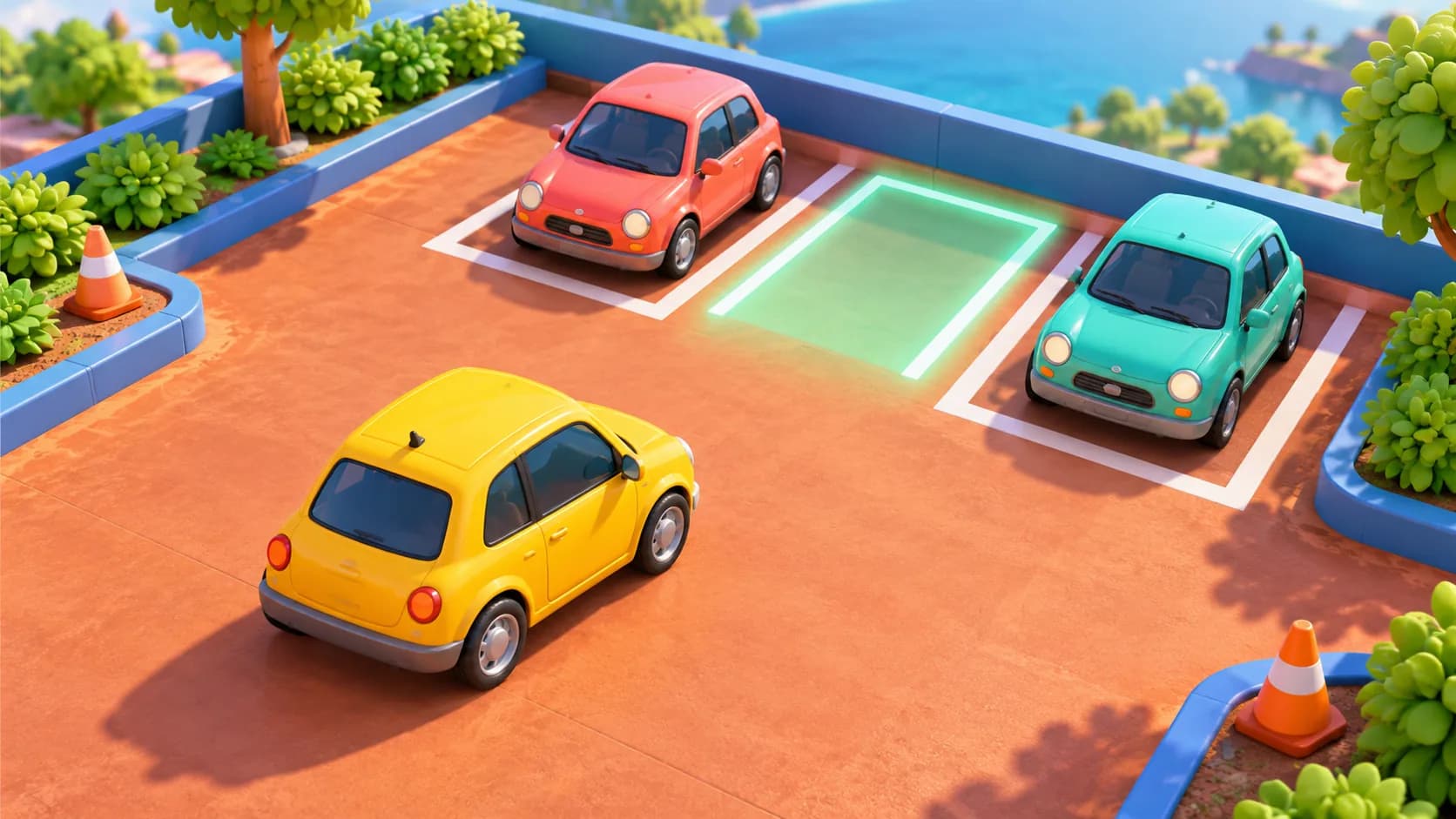 Simple Park 3D: colorful cars parking in a coastal lot